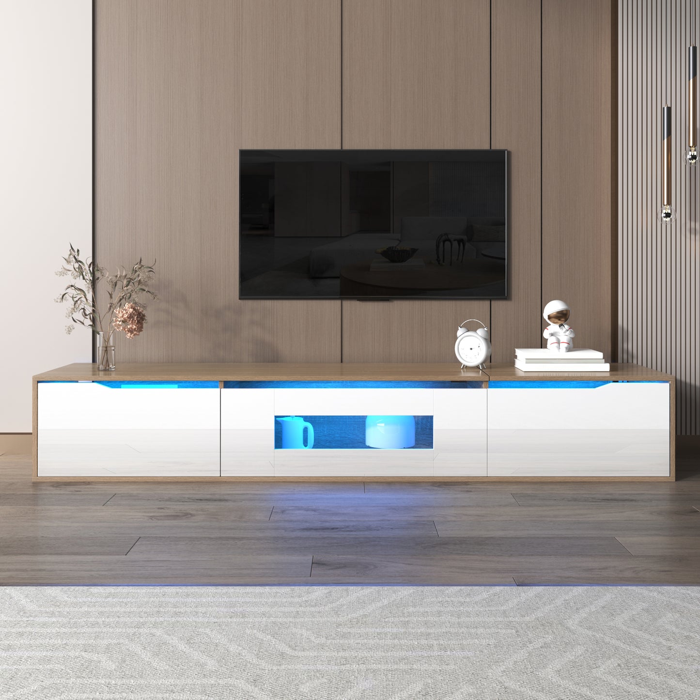 Rosemount LED TV Stand with Storage, 71", High-Gloss White and Oak Finish