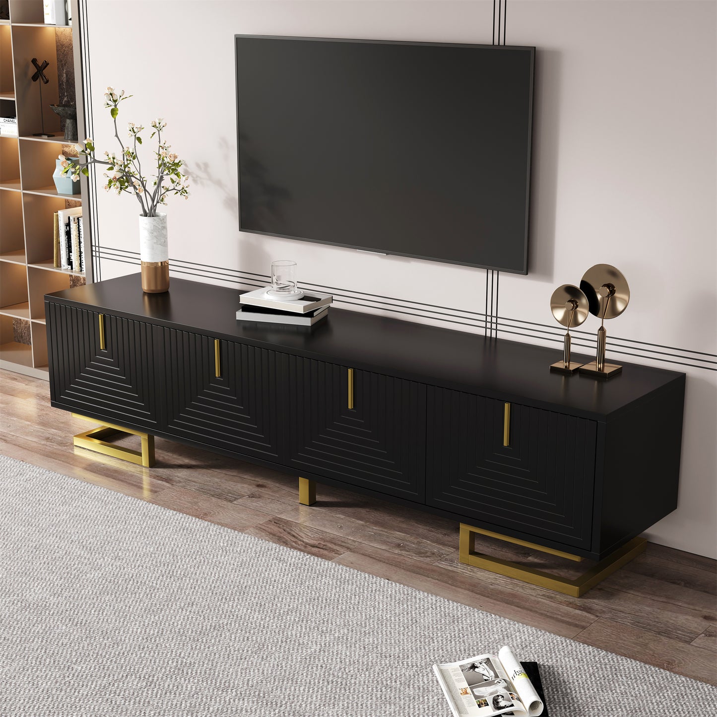 Meridian Geometric TV Stand with Gold Accents, 63", Black