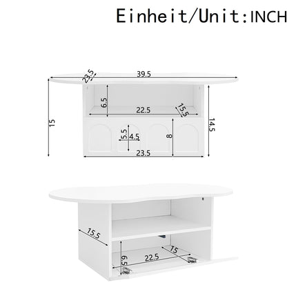 Aura Modern Coffee Table, Organic Curved Silhouette with Storage, White