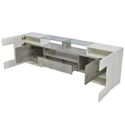 Yorkton TV Stand High-Gloss Modern with LED Lights, 78.7", White and Gray Concrete