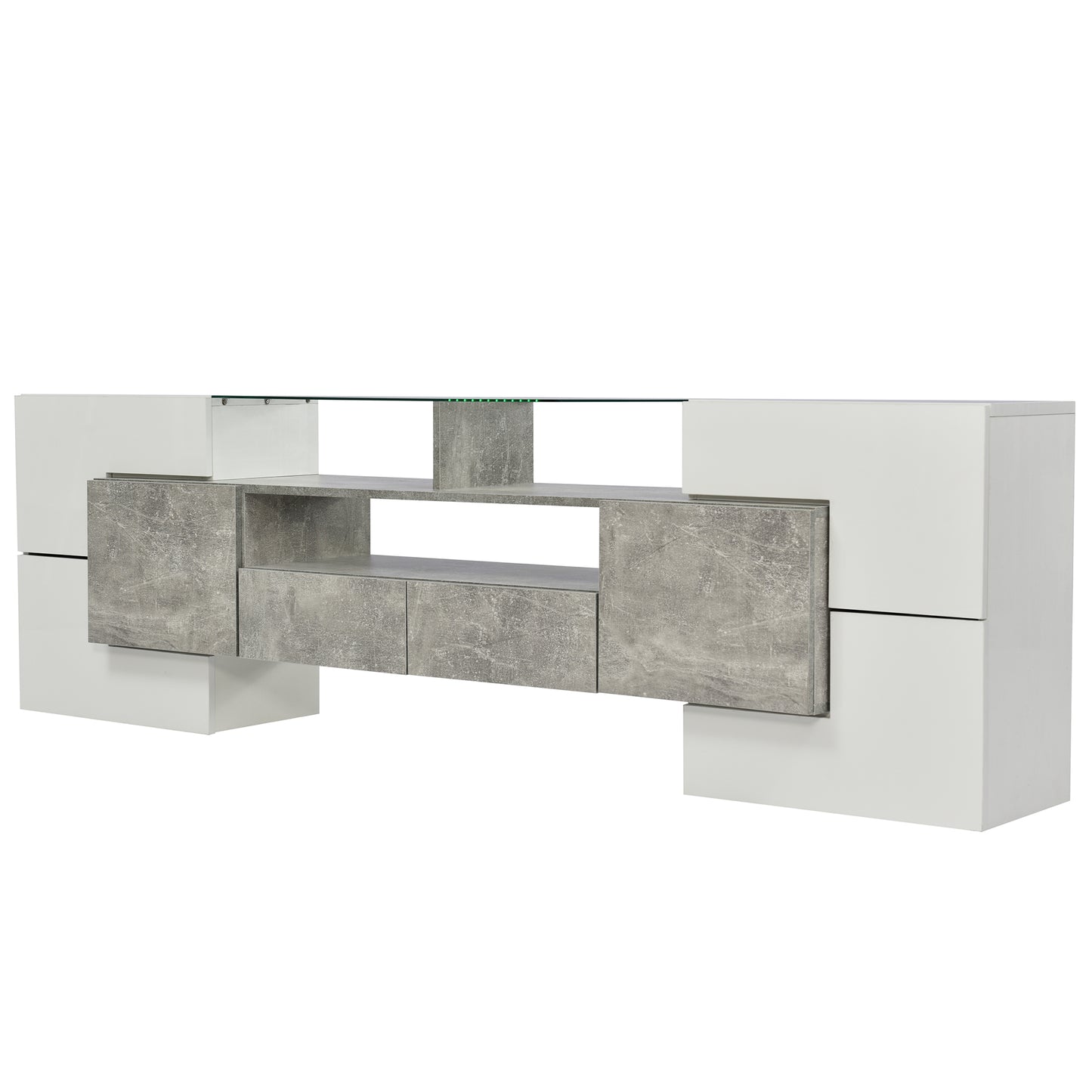 Yorkton TV Stand High-Gloss Modern with LED Lights, 78.7", White and Gray Concrete