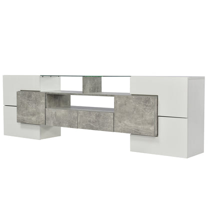 Yorkton TV Stand High-Gloss Modern with LED Lights, 78.7", White and Gray Concrete