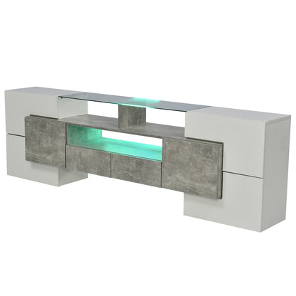 Yorkton TV Stand High-Gloss Modern with LED Lights, 78.7", White and Gray Concrete