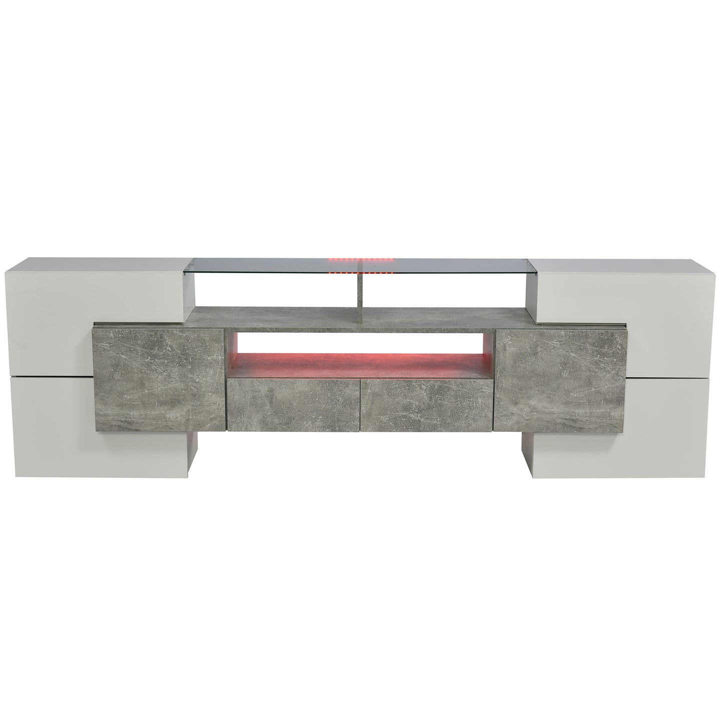 Yorkton TV Stand High-Gloss Modern with LED Lights, 78.7", White and Gray Concrete
