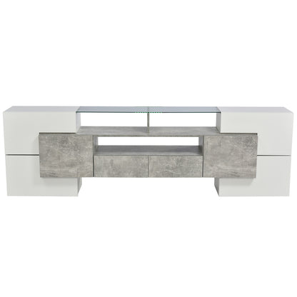 Yorkton TV Stand High-Gloss Modern with LED Lights, 78.7", White and Gray Concrete