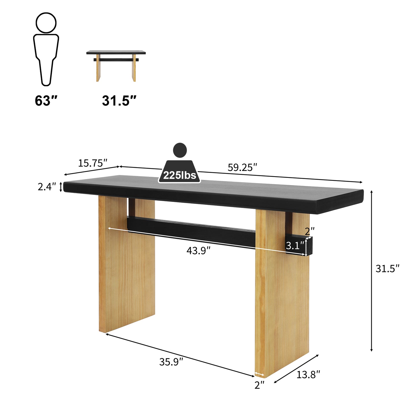 Atwell Console Table, 59.25", Black & Natural