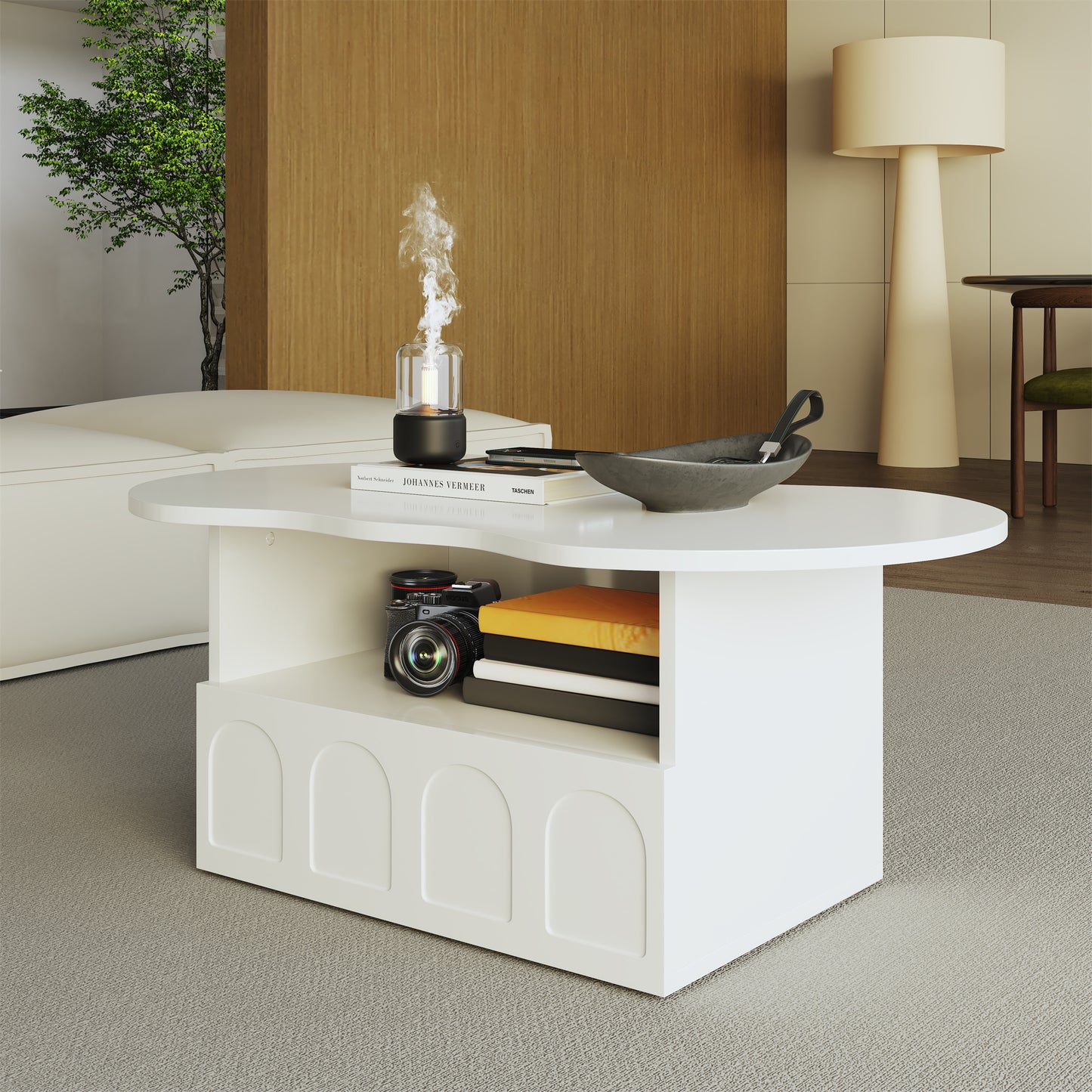 Aura Modern Coffee Table, Organic Curved Silhouette with Storage, White