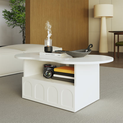 Aura Modern Coffee Table, Organic Curved Silhouette with Storage, White