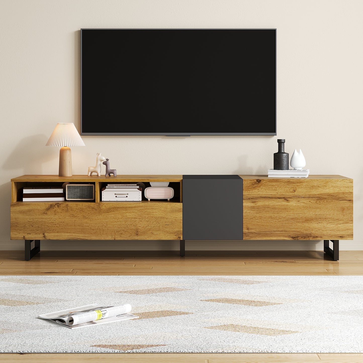 Evergreen Modern TV Stand with Storage, 67", Oak and Graphite