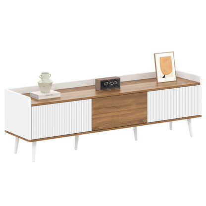 Solen Modern Wood TV Stand with Three-Door Storage, White and Natural
