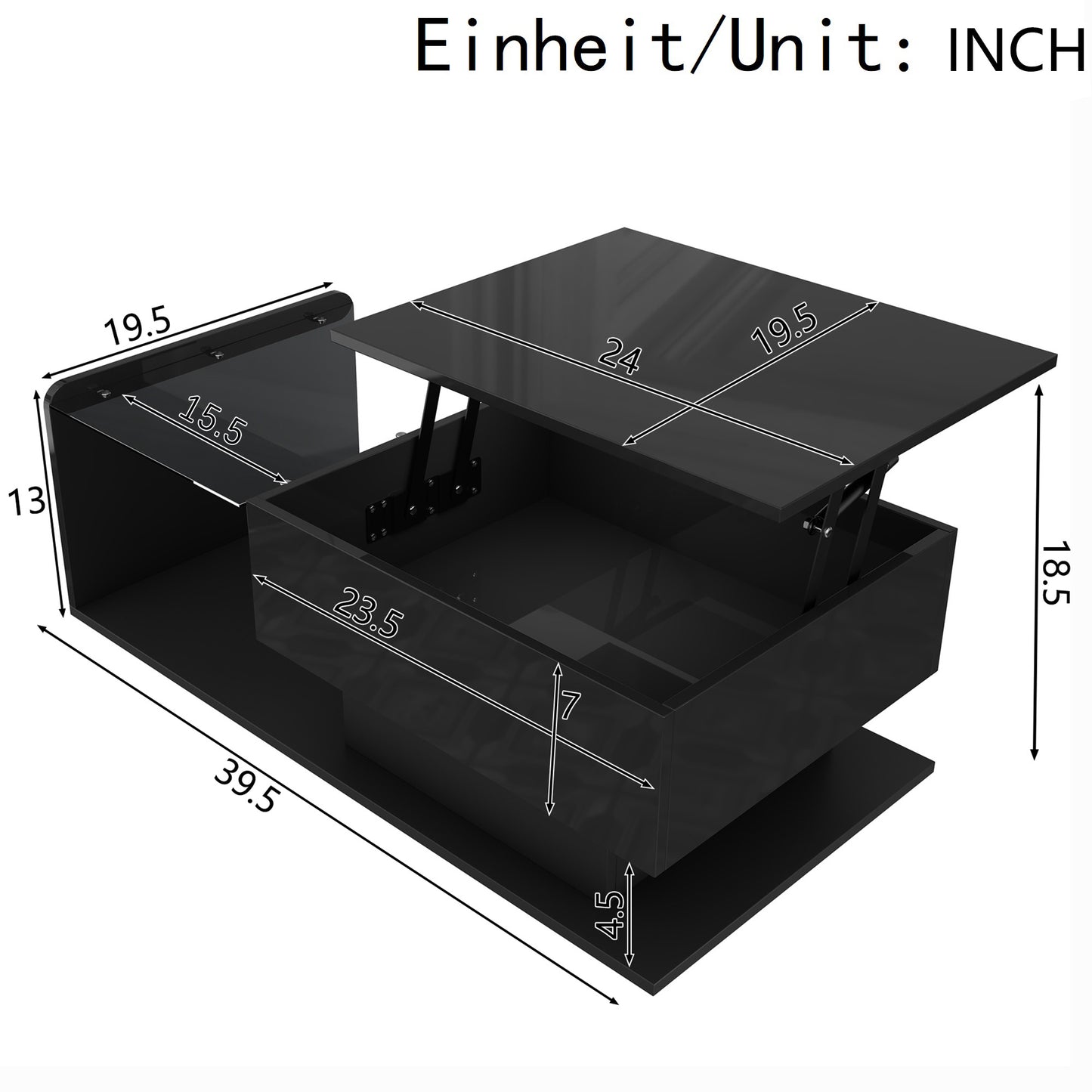 Mirella High-Gloss Lift-Top Coffee Table with LED Accent Lighting, Black