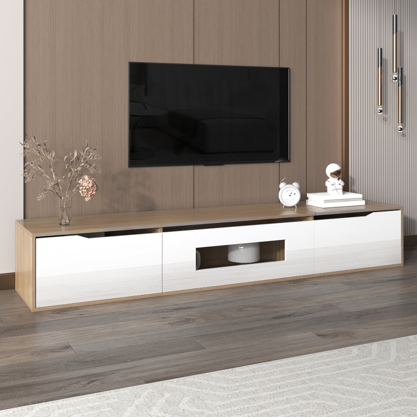Rosemount LED TV Stand with Storage, 71", High-Gloss White and Oak Finish