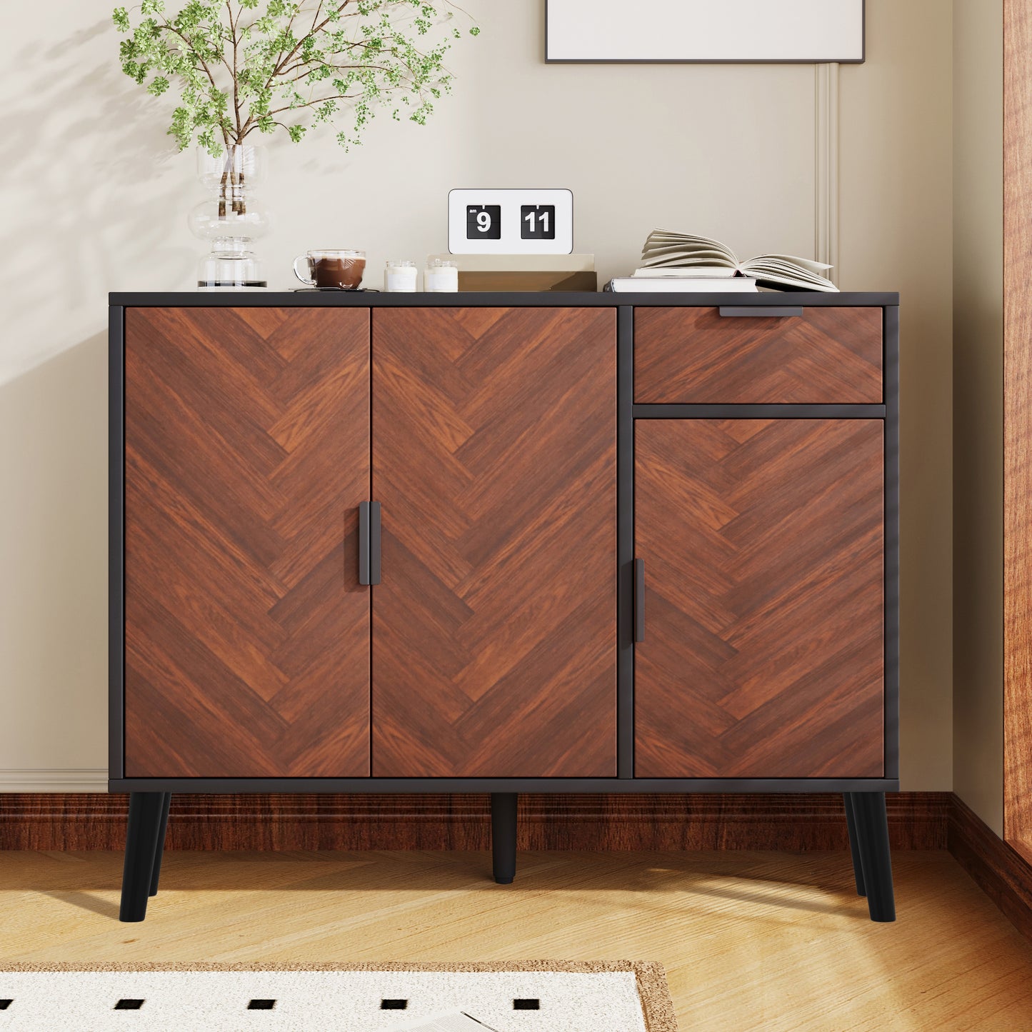 Ashbury Chevron Storage Cabinet, 35.5", Black with Wooden Doors