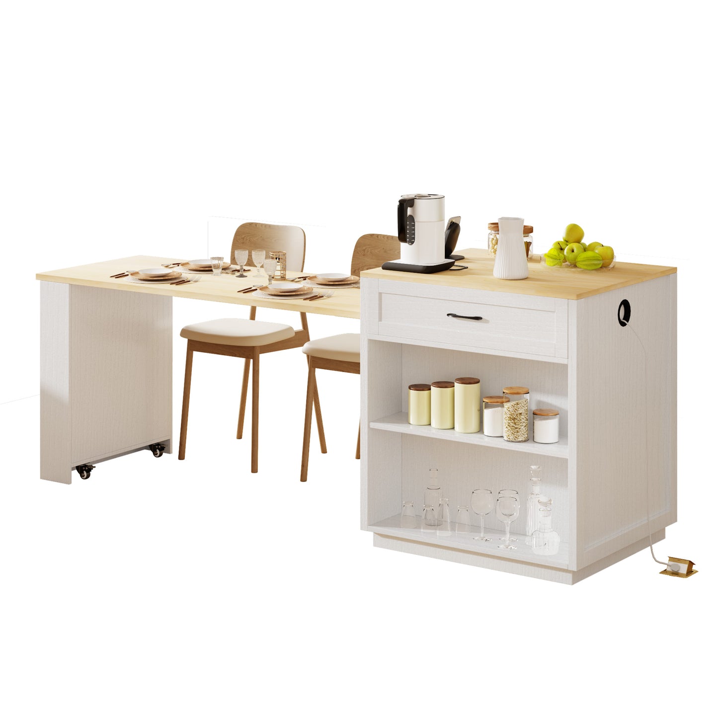 Kinsey Kitchen Island with Extendable Dining Table, White