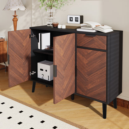 Ashbury Chevron Storage Cabinet, 35.5", Black with Wooden Doors
