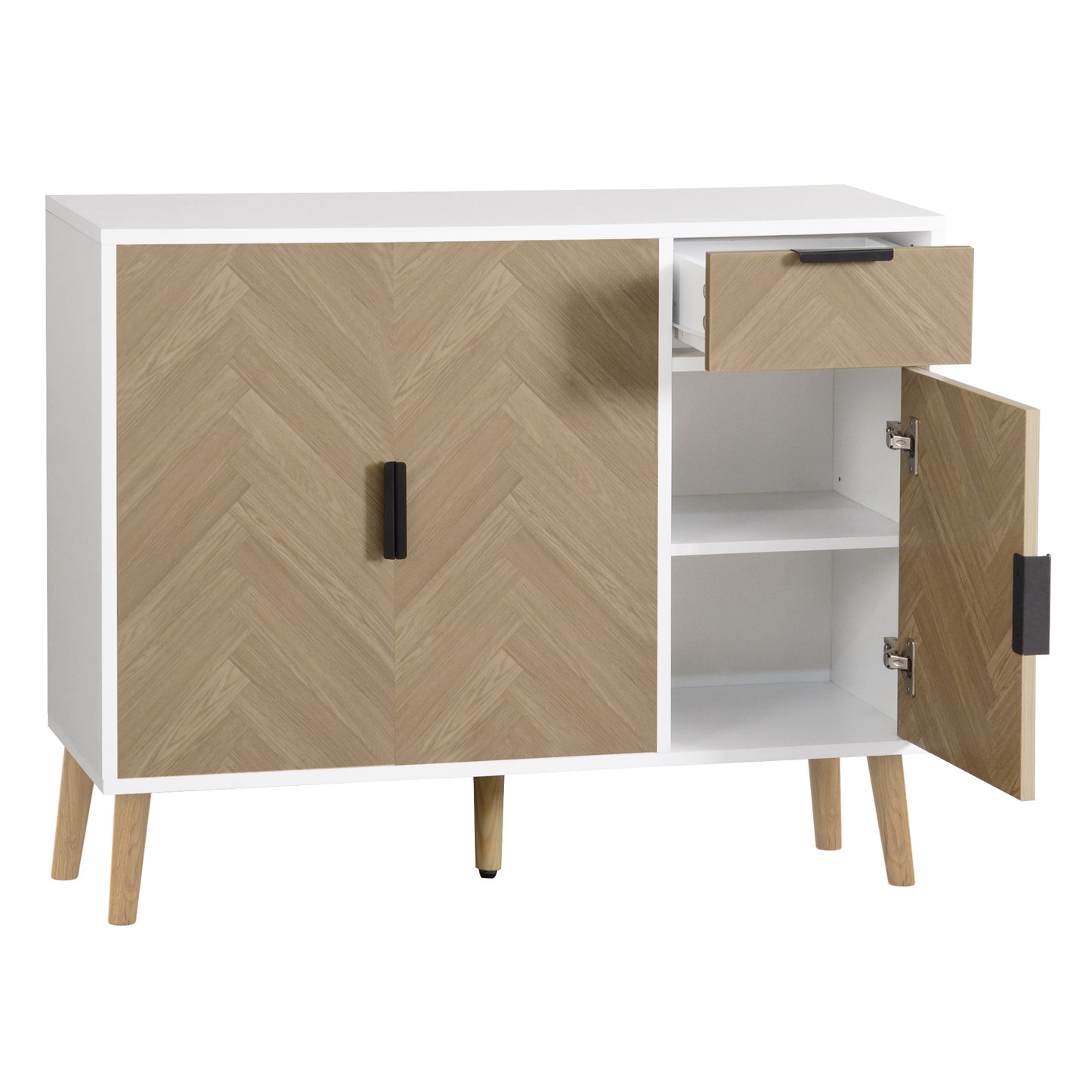Ashbury Chevron Storage Cabinet, 35.5", White with Wooden Doors