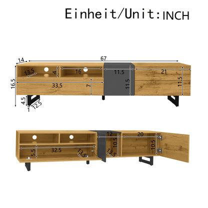 Evergreen Modern TV Stand with Storage, 67", Oak and Graphite