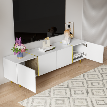 Goldridge Lacquered White TV Stand with Storage, 67", White and Gold Accent