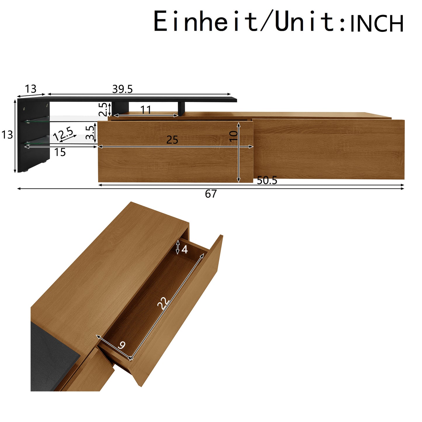 Oden Modern LED TV Stand with Storage Drawers, Natural Wood-Look and Black
