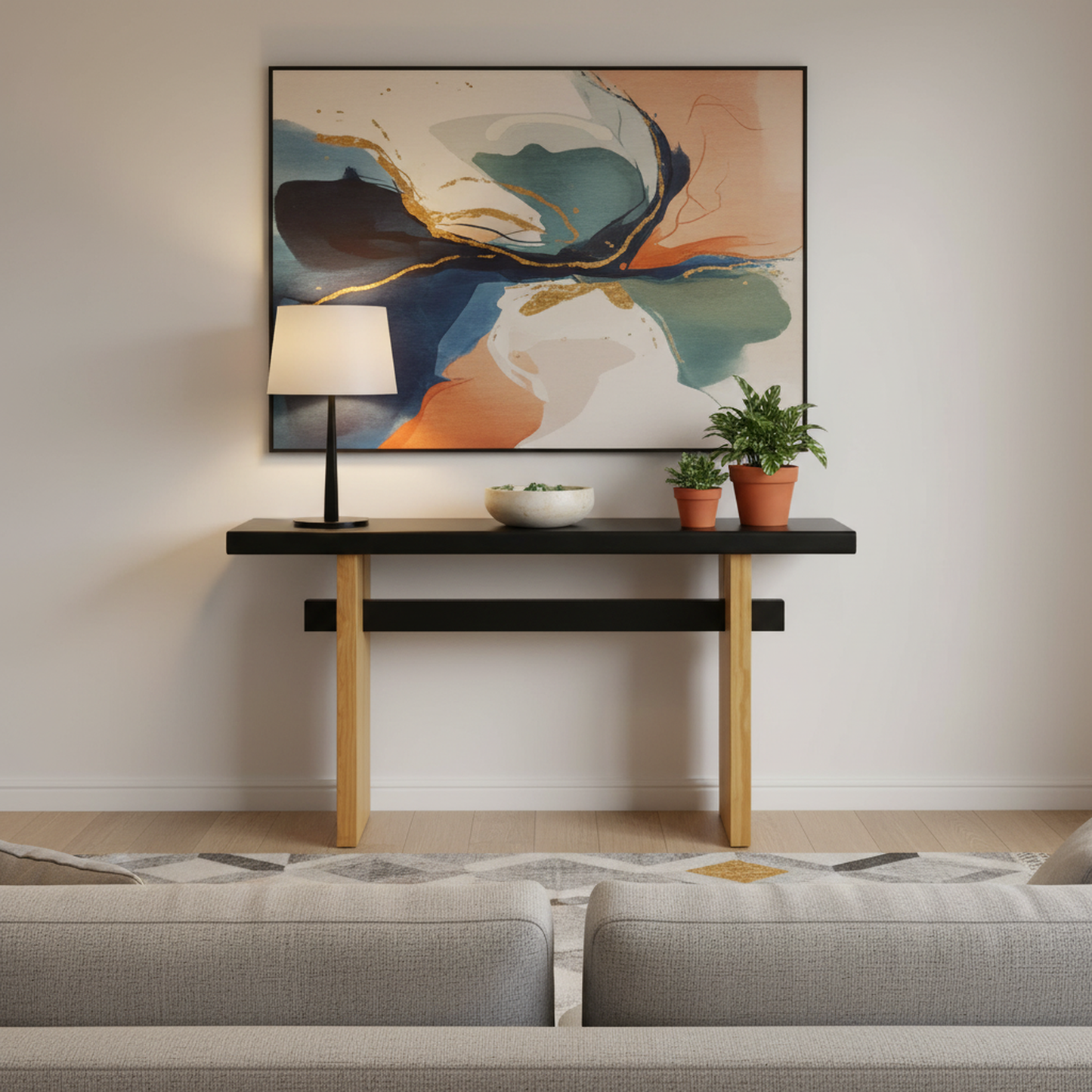 Atwell Console Table, 59.25", Black & Natural