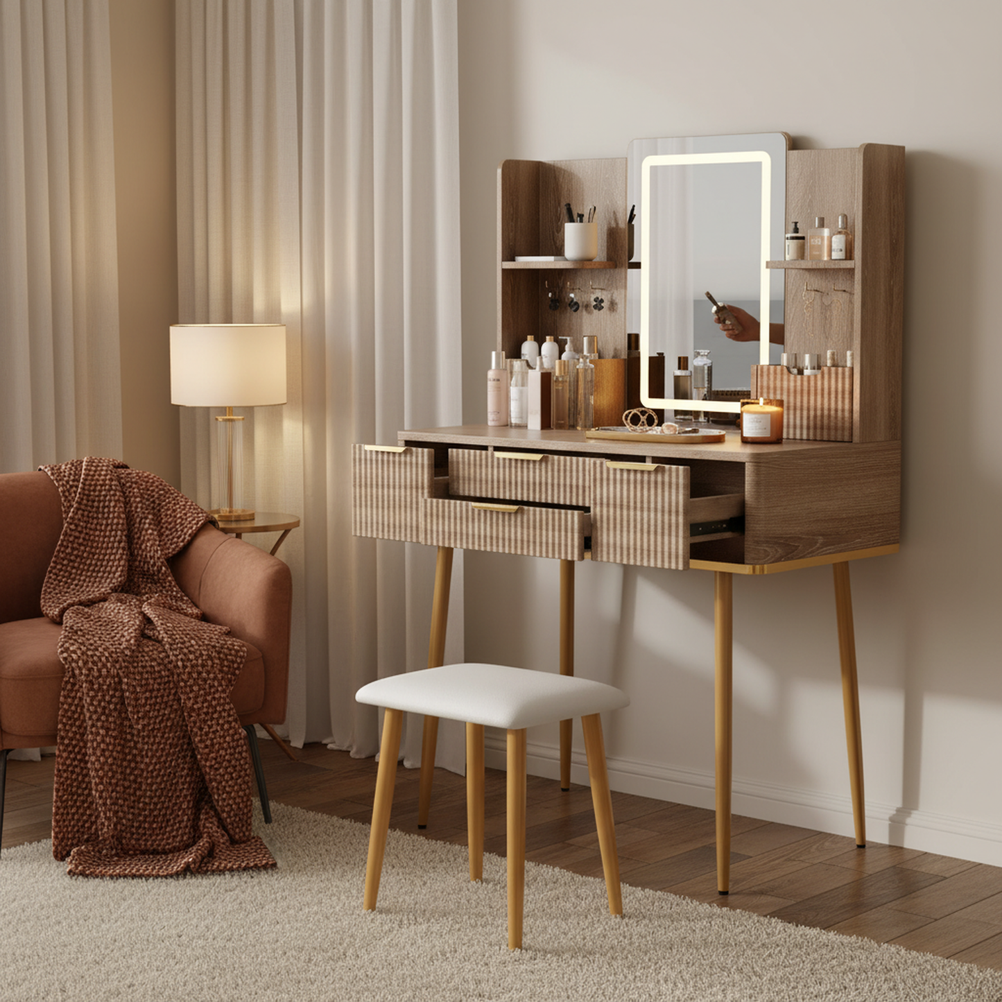 Aurelia Makeup Vanity Desk Set, Warm Brown