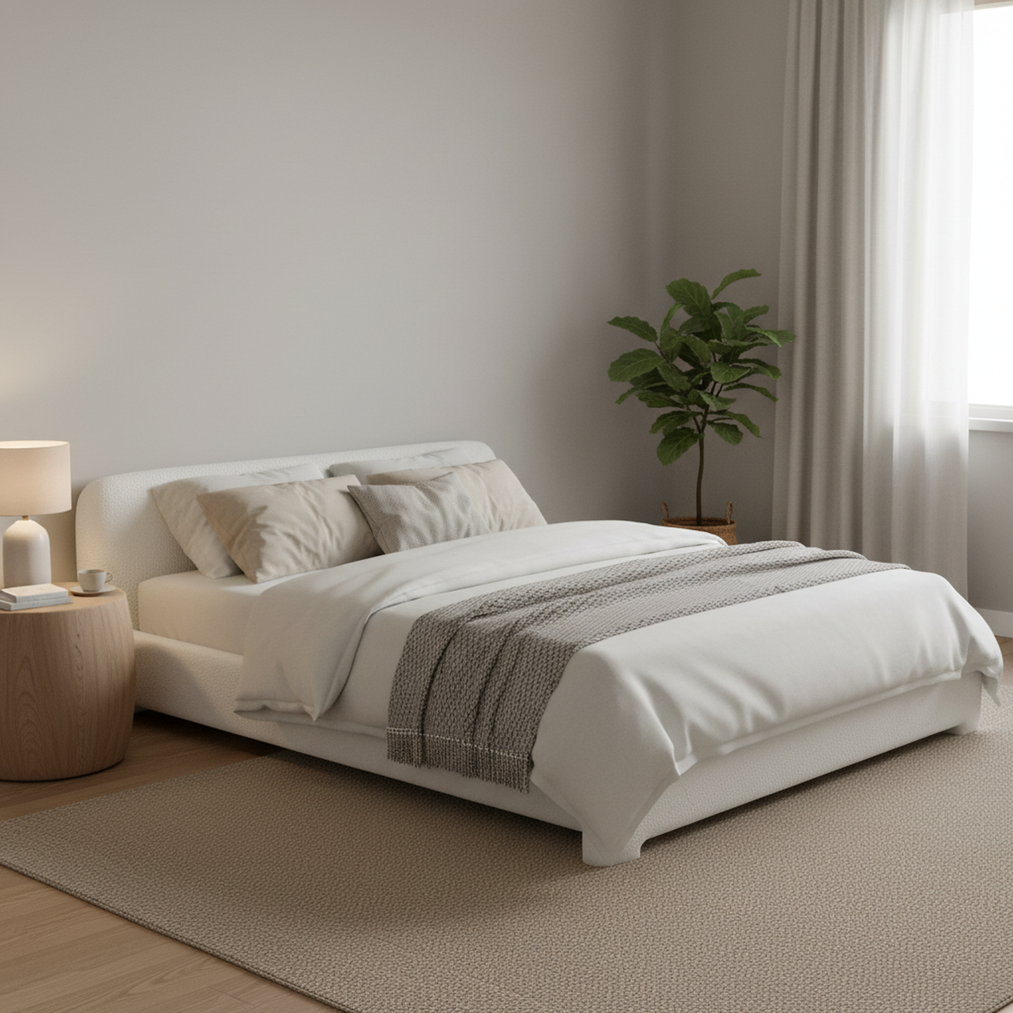 Aveline Boucle Upholstered Platform Bed, King, White