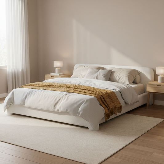 Aveline Boucle Upholstered Platform Bed, King, White