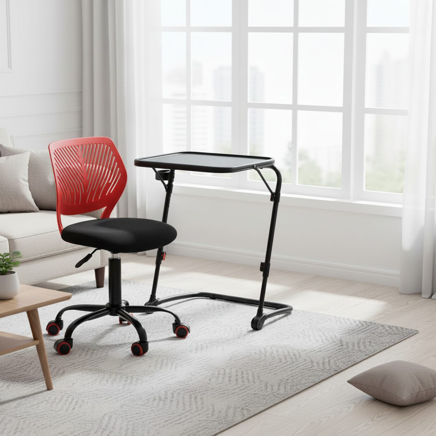 Baseline Foldable Tray Table & Carnation Swivel Chair Set, Red with Black Corduroy