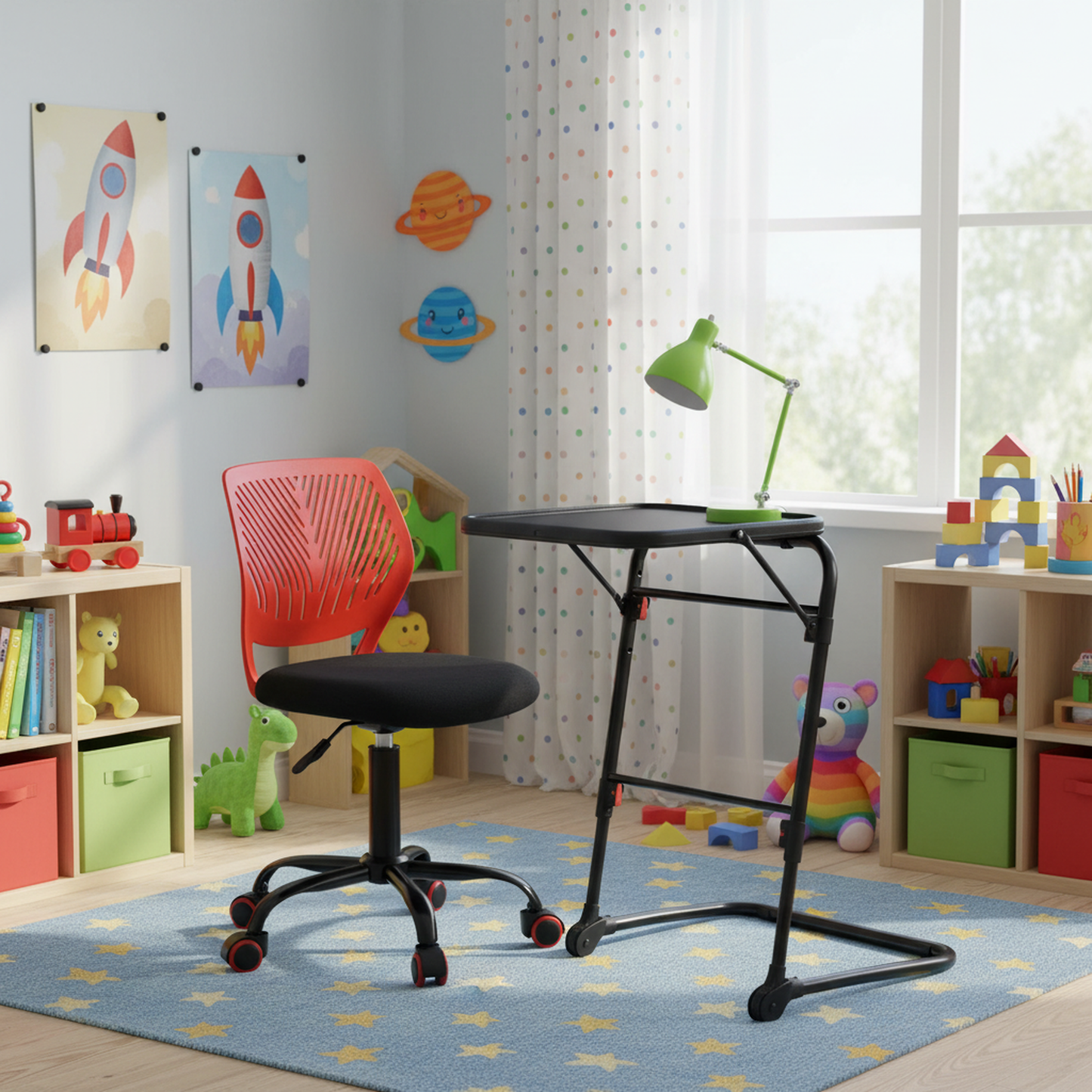 Baseline Foldable Tray Table & Carnation Swivel Chair Set, Red with Black Corduroy