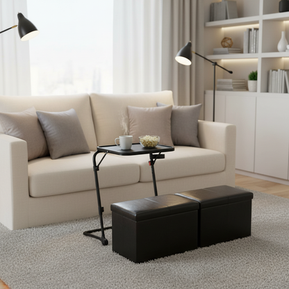 Baseline Black Folding Tray Table with Eli Faux Leather Storage Ottomans, 2-Piece Small-Space Living Bundle, Black