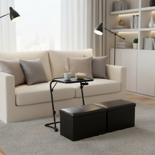 Baseline Black Folding Tray Table with Eli Faux Leather Storage Ottomans, 2-Piece Small-Space Living Bundle, Black