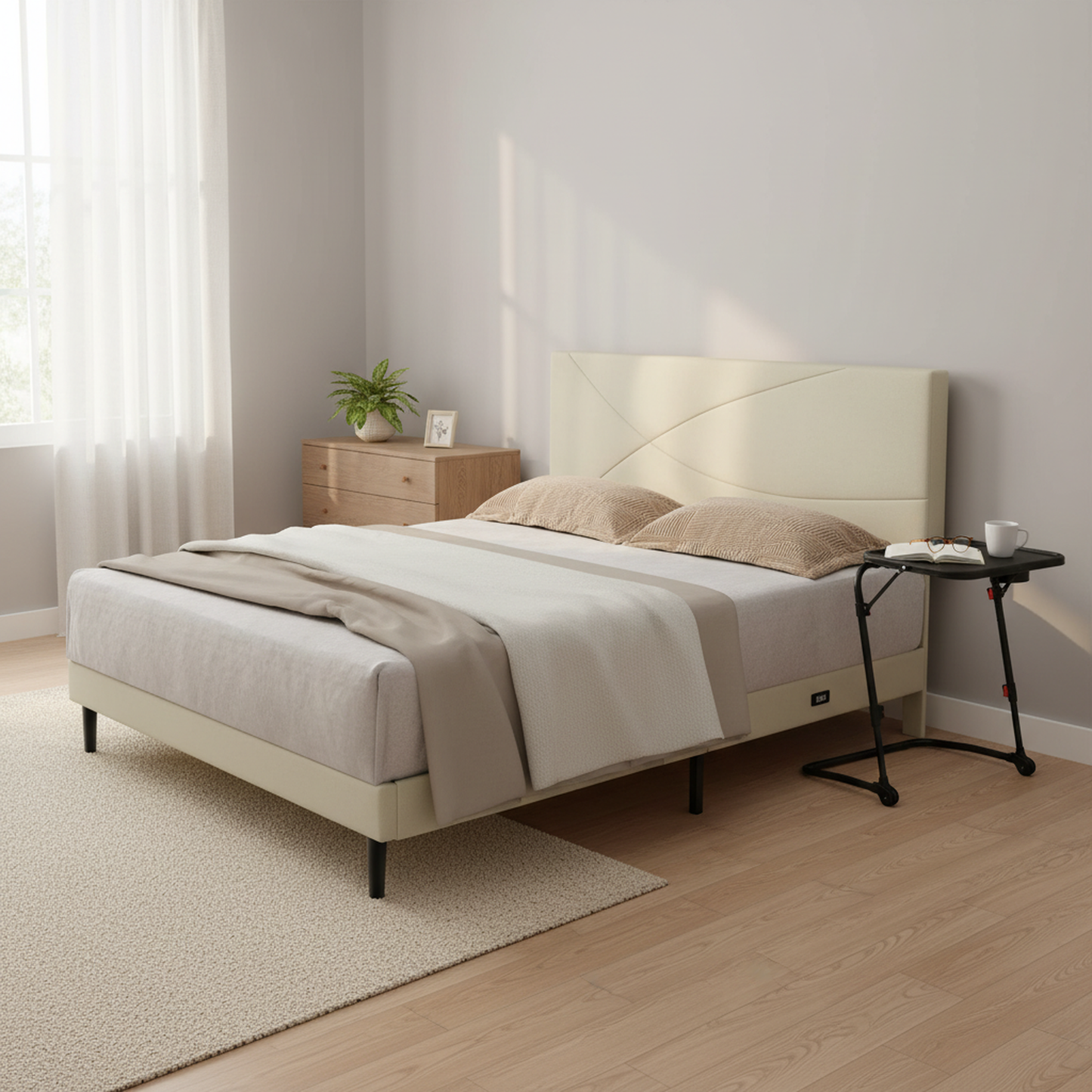 Foothill Upholstered Bed and Baseline Black Folding Tray Table, 2-Piece Bedroom Comfort Bundle, Queen Size, Beige