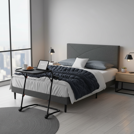 Foothill Upholstered Bed and Baseline Black Folding Tray Table, 2-Piece Bedroom Comfort Bundle, Queen Size, Grey