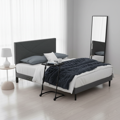 Foothill Upholstered Bed and Baseline Black Folding Tray Table, 2-Piece Bedroom Comfort Bundle, Queen Size, Grey