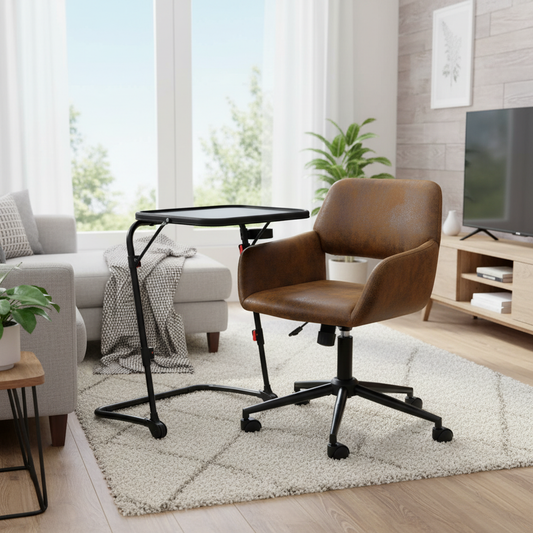 Baseline Black Folding Tray Table with Ross Swivel Task Chair Set, Faux Suede Brown