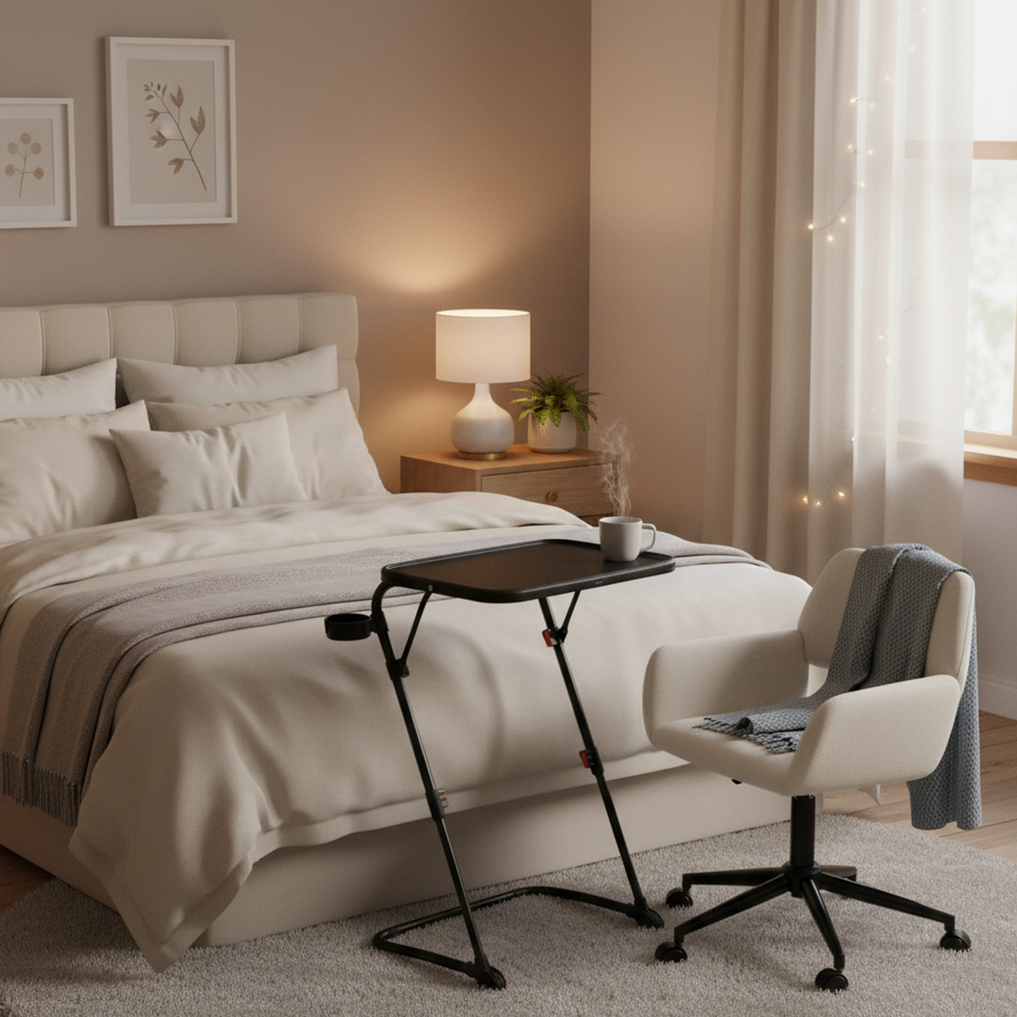 Baseline Black Folding Tray Table with Ross Swivel Task Chair Set, Chenille Beige