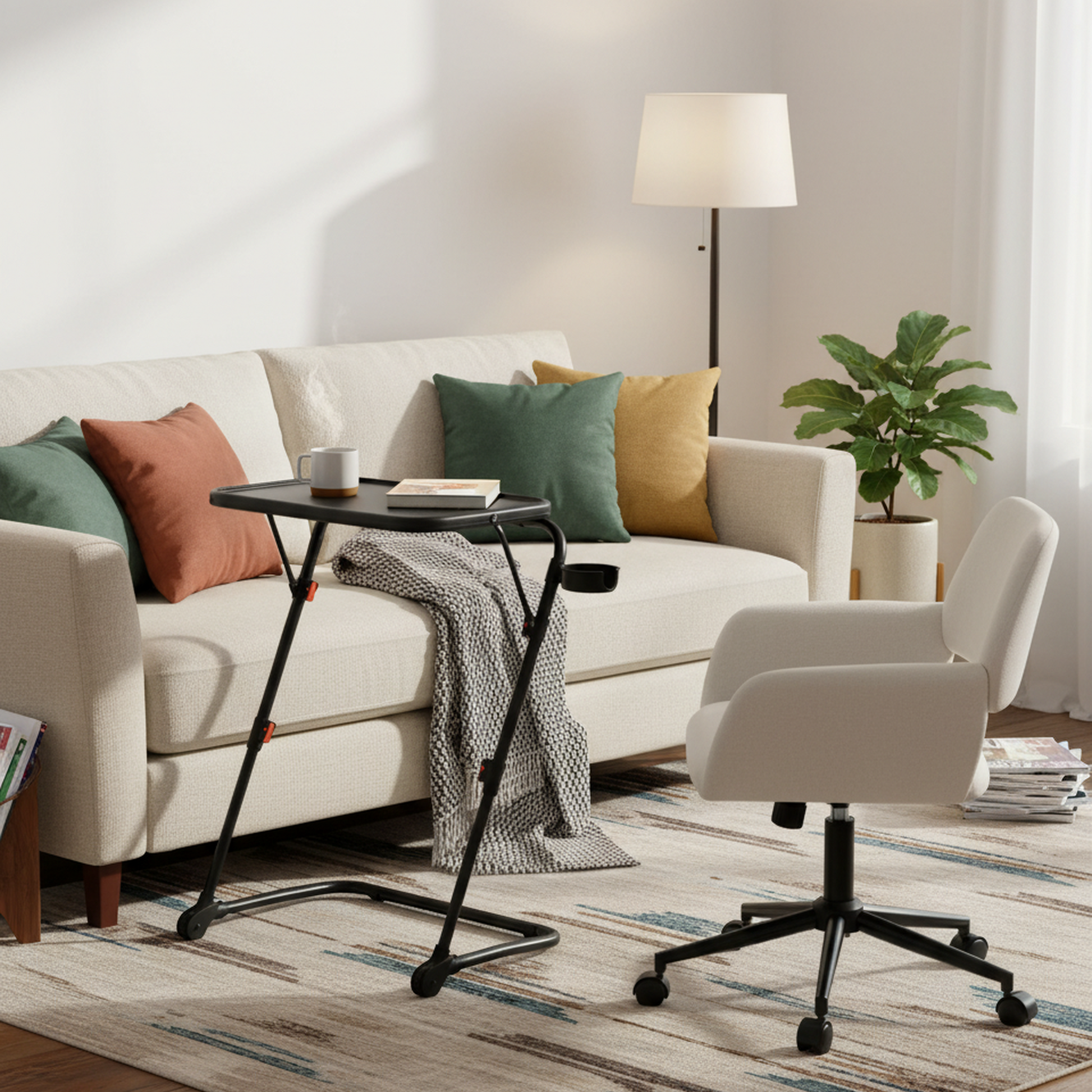 Living room with a beige sofa, armchair, and a small table.