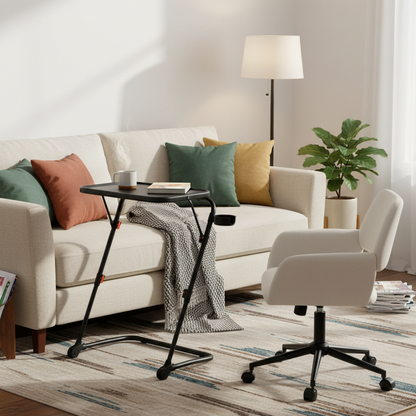 Living room with a beige sofa, armchair, and a small table.