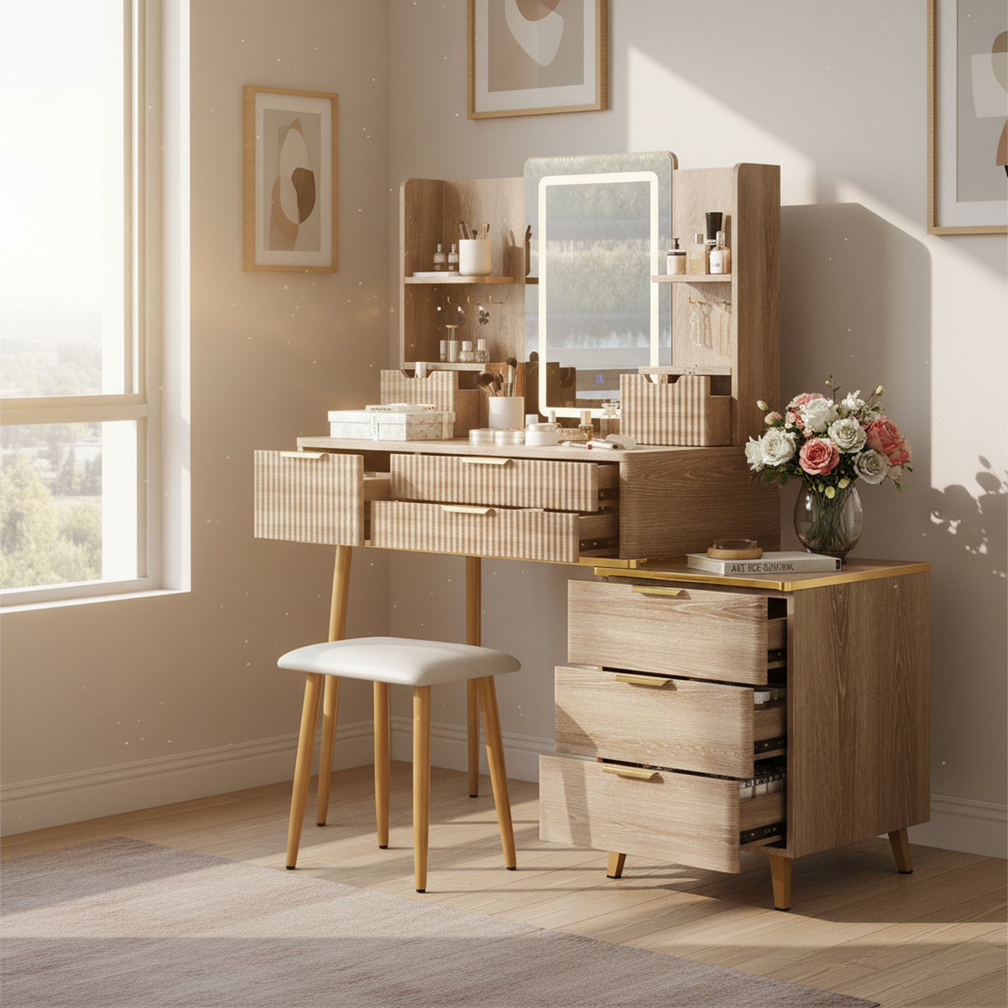 Celeste Makeup Vanity Set, 39.37", Light Wood