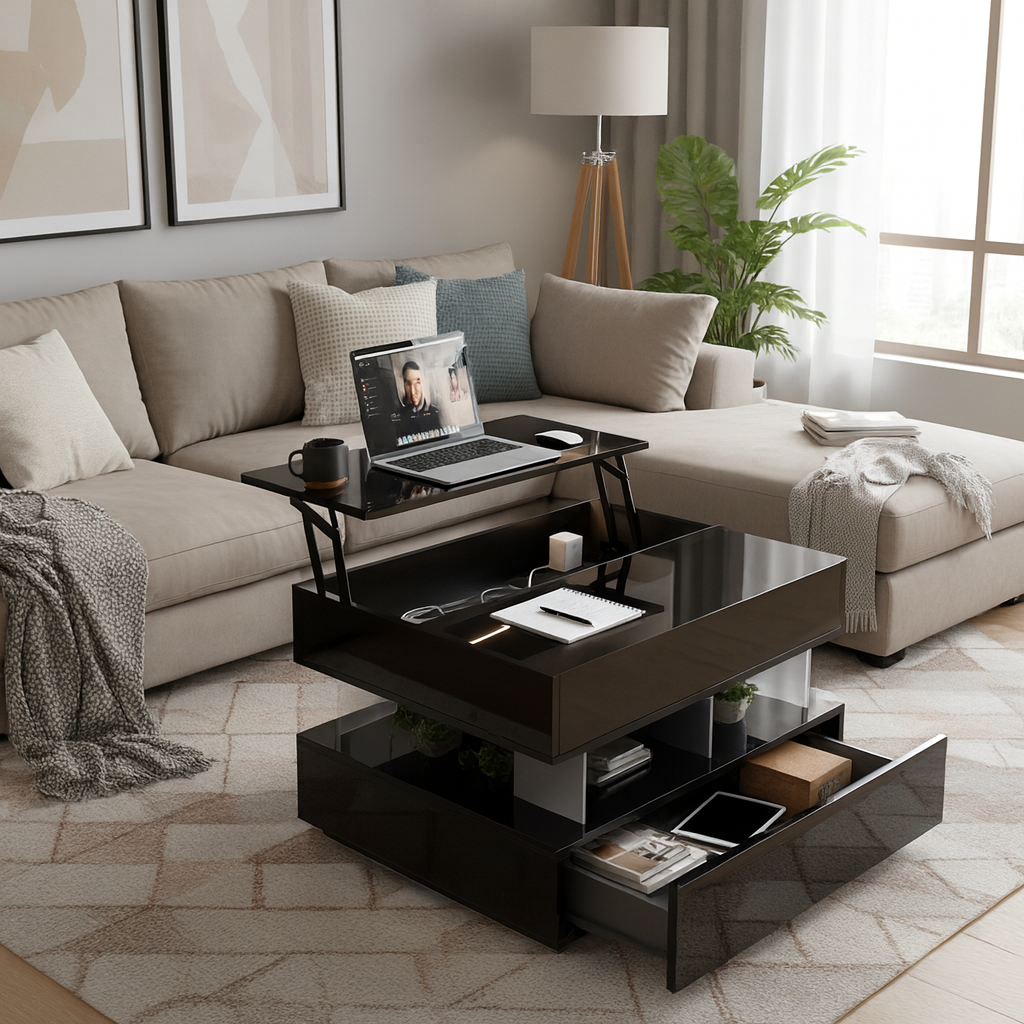 Evalo High-Gloss LED Lift-Top Coffee Table with Drawer Storage, Black