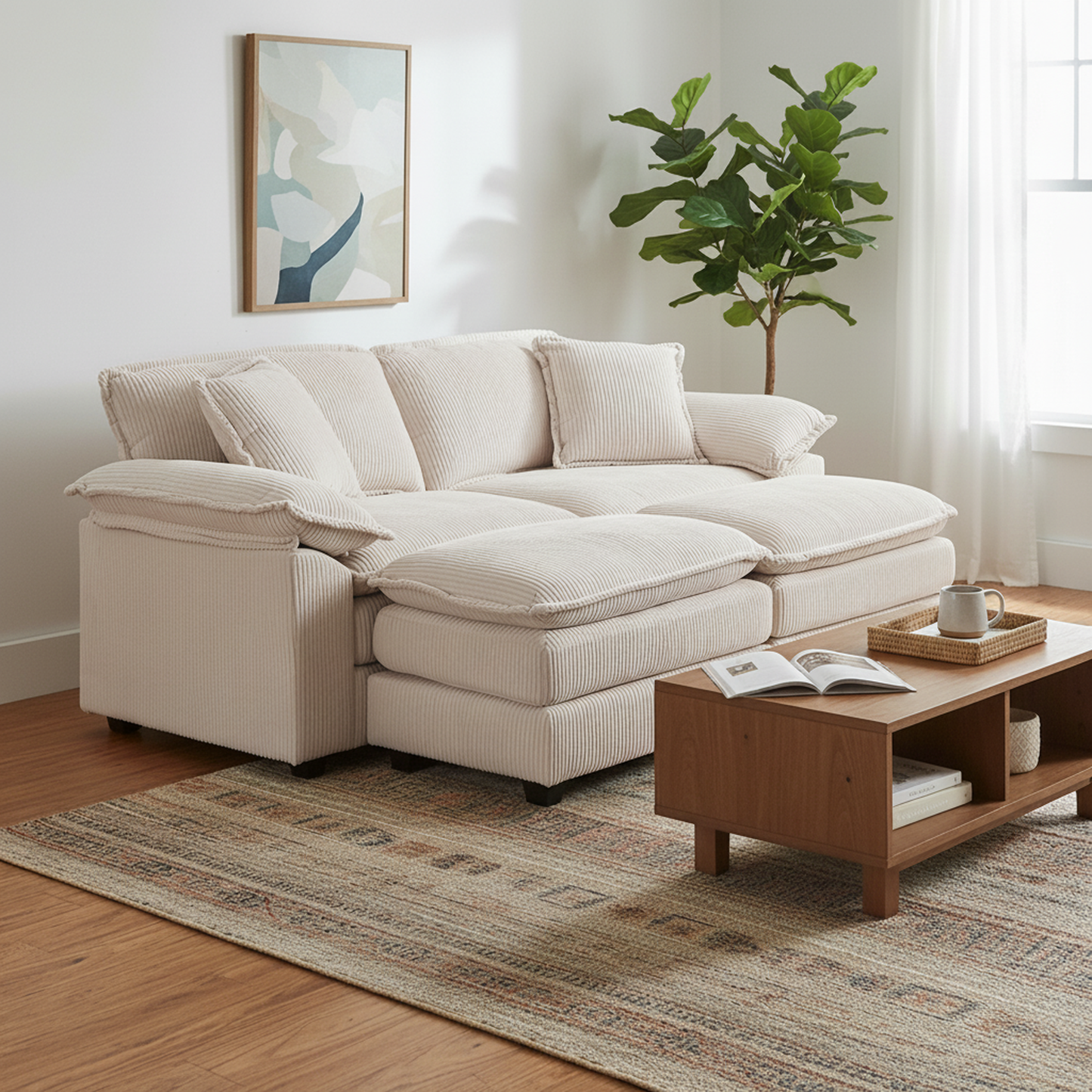 Everett Modular Sofa Set with Ottomans, Beige Corduroy