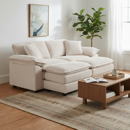 Everett Modular Sofa Set with Ottomans, Beige Corduroy