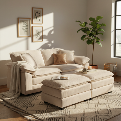 Everett Modular Sofa Set with Ottomans, Beige Corduroy