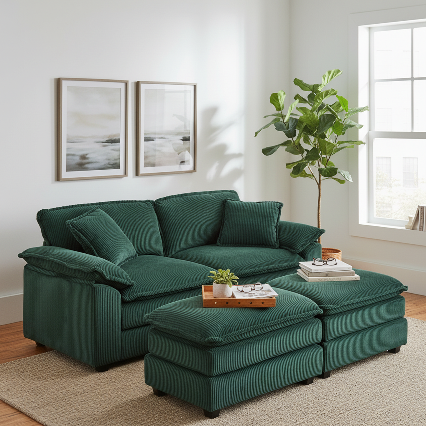 Everett Modular Sofa Set with Ottomans, Green Corduroy