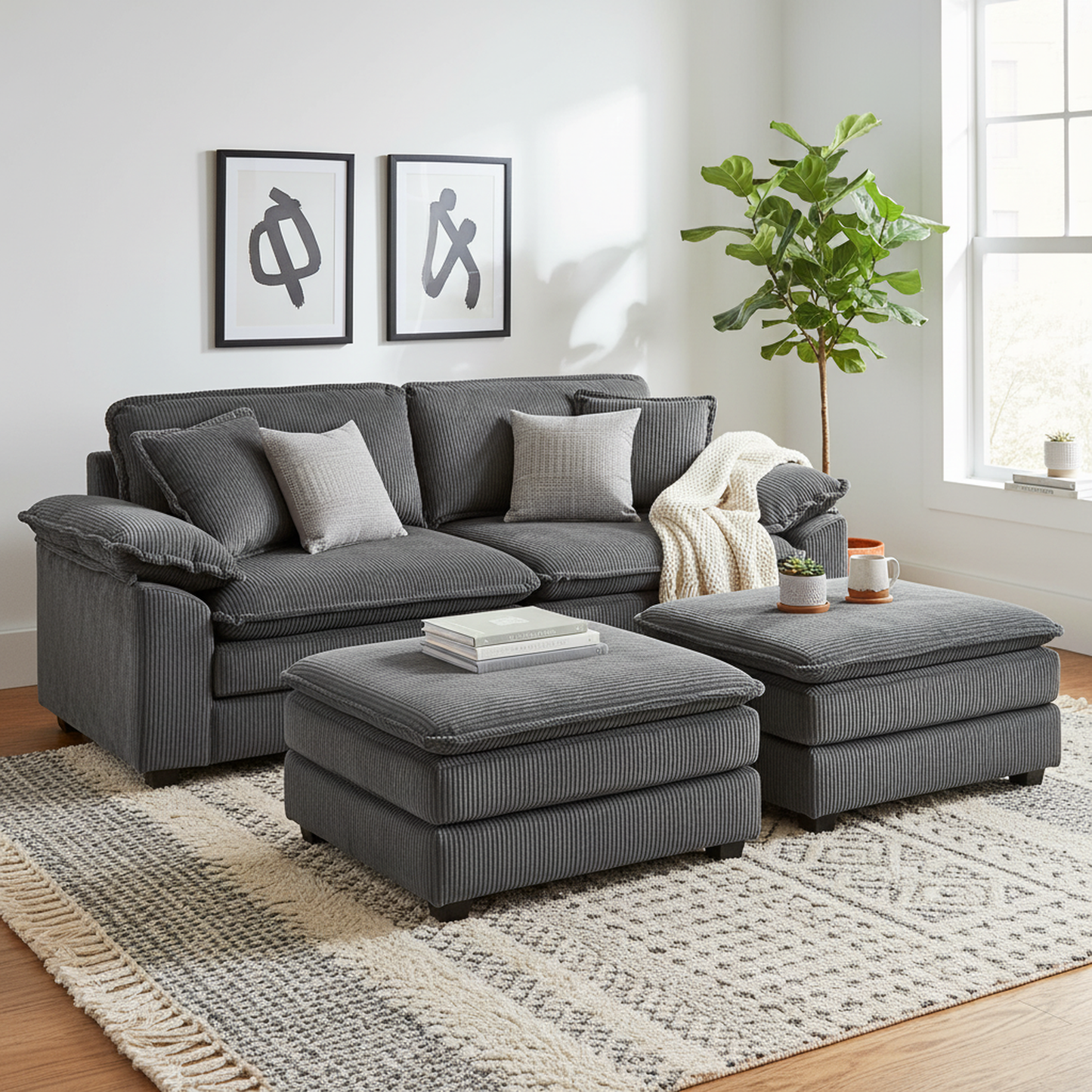 Everett Modular Sofa Set with Ottomans, Grey Corduroy