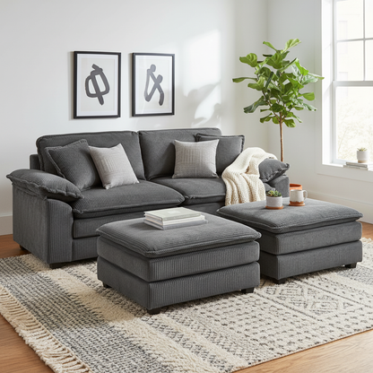 Everett Modular Sofa Set with Ottomans, Grey Corduroy