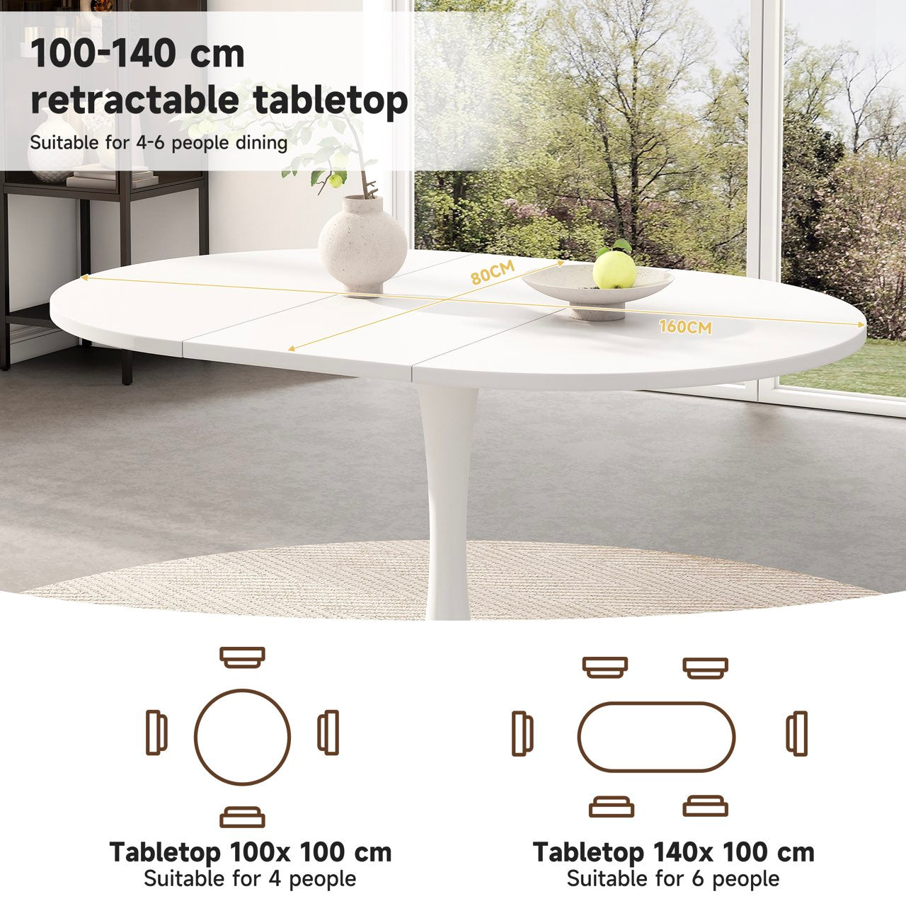 Noelle Extendable Round Dining Table, White, Seats 6