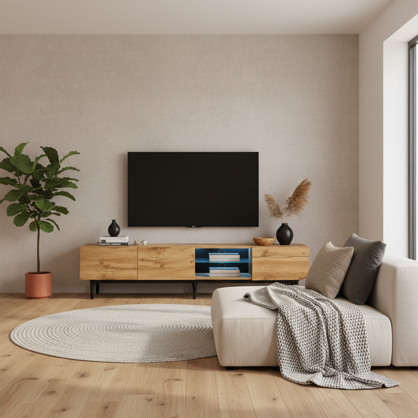 Hollin Modern TV Stand with LED Lighting, Brown Wood-Look