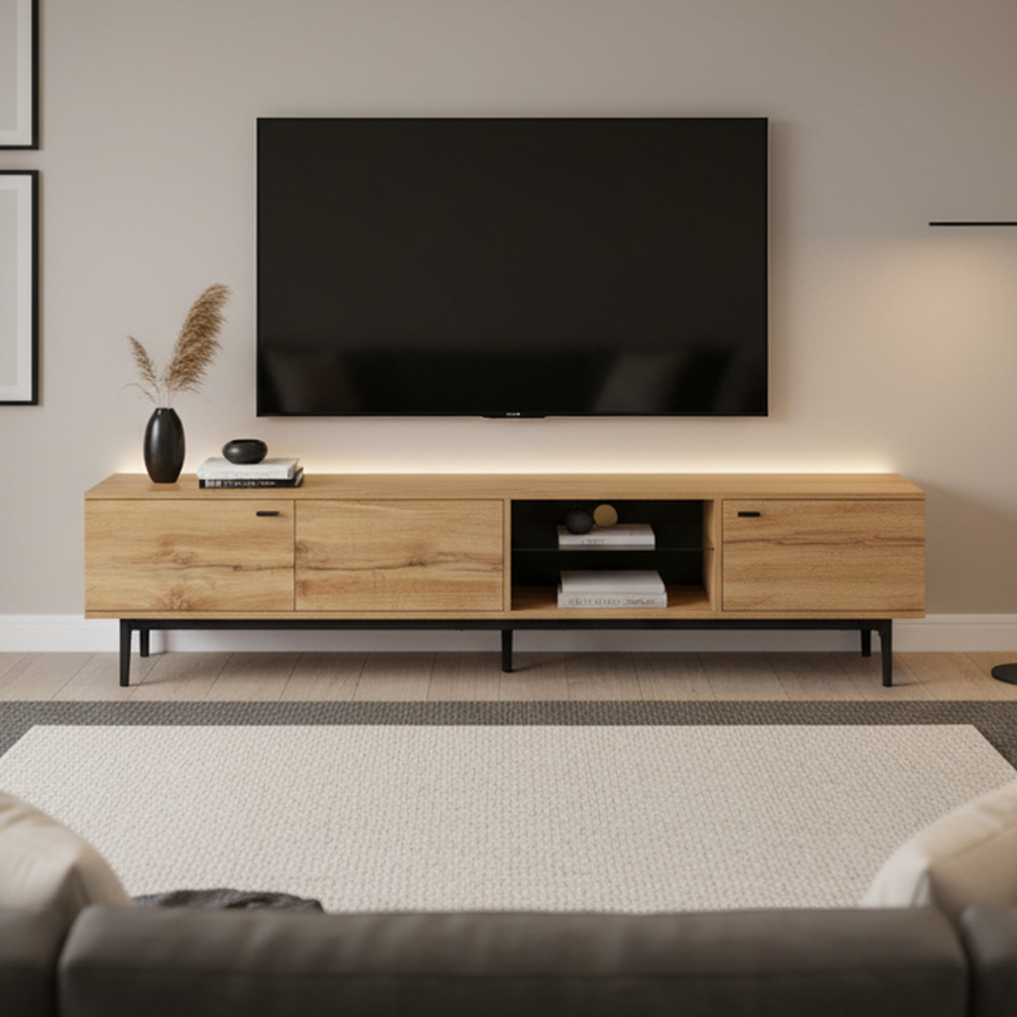 Hollin Modern TV Stand with LED Lighting, Brown Wood-Look
