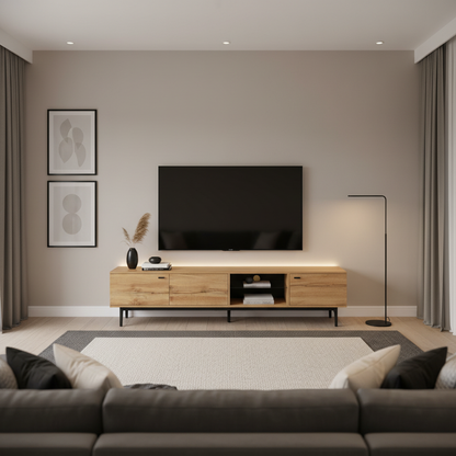 Hollin Modern TV Stand with LED Lighting, Brown Wood-Look